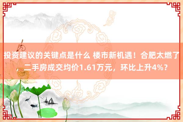 投资建议的关键点是什么 楼市新机遇！合肥太燃了，二手房成交均价1.61万元，环比上升4%？